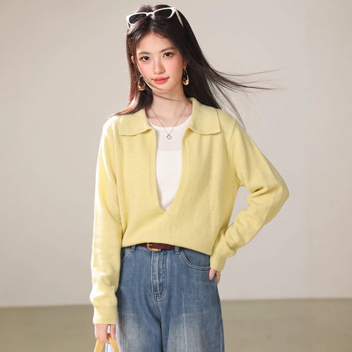 黄色Polo领长袖针织衫女款2026新款秋季穿搭小个子假两件拼接上衣