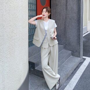 米杏色法式高级感chic套装女夏2026新款气质西装马甲阔腿裤三件套