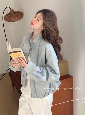 实拍浅蓝色休闲风皮衣外套女春季2026年新款小个子百搭减龄PU夹克