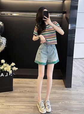 深圳南油套装女夏季时尚网红炸街彩虹条纹针织短袖牛仔短裤两件套