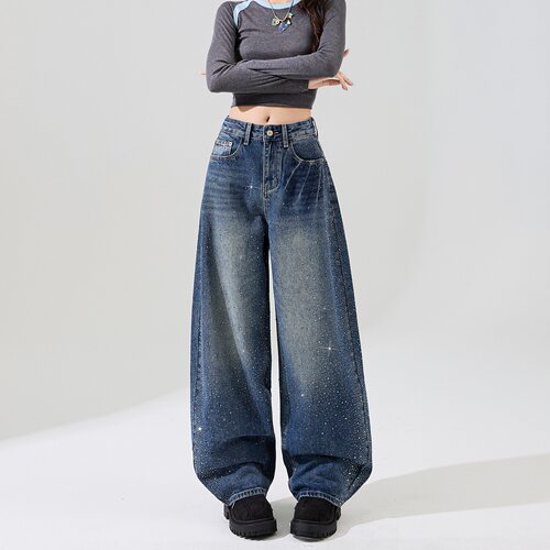 新款满天星烫钻高腰宽松弯刀阔腿牛仔裤女显瘦百搭直筒拖地牛仔裤