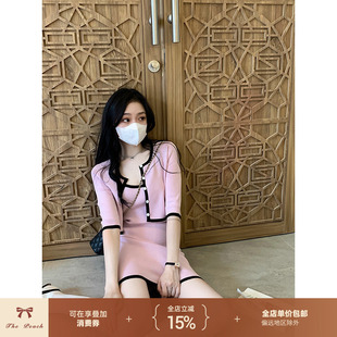 thepeachofficial巴黎记忆小香风粉紫色针织开衫修身连衣裙套装女