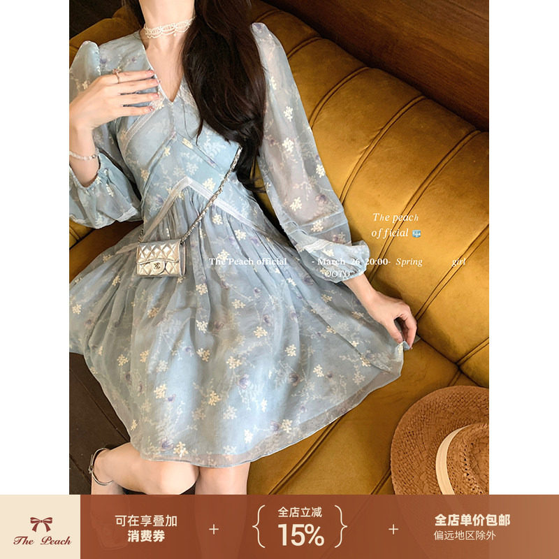 thepeachofficial【普罗旺斯花穗】法式V领蕾丝收腰碎花连衣裙女