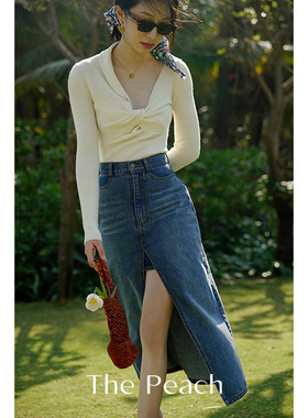 THE PEACH BY MICHELLYMO法国fell复古前开衩高腰显瘦牛仔半裙