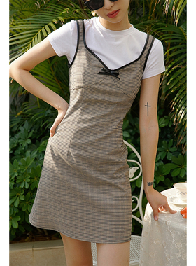 THE PEACH BY MICHELLYMO名媛蝴蝶结无袖吊带细格纹背心连衣裙