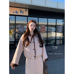 thepeachofficial【怀特菲什小镇】少女风羊毛呢夹棉大衣半裙套装