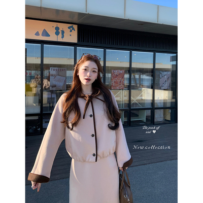 羊毛呢短款夹棉大衣后开叉呢半裙