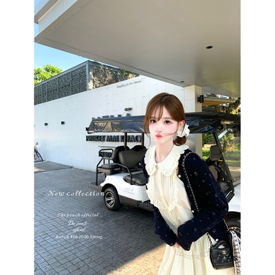 小猫提花贝壳扣长袖针织羊毛开衫