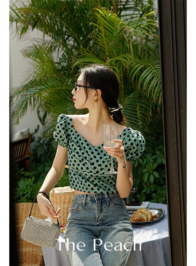 THE PEACH BY MICHELLYMO短款泡泡袖黑白波点落肩上衣