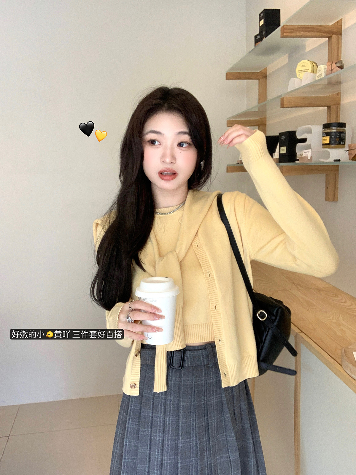 thepeachofficial【芝士奶酪秋冬多巴胺套装】黄色针织开衫三件套