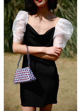 MICHELLYMO法式方领高腰网纱袖子缎面连衣裙夏季新款