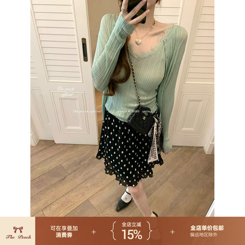 thepeachofficial【波尔卡序曲】复古波点a字半裙V领吊带开衫套装