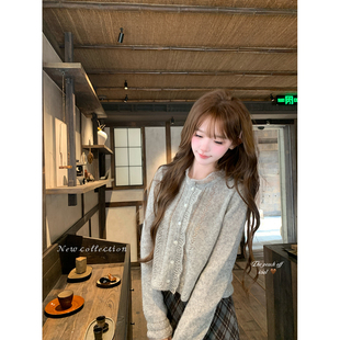 thepeachofficial【芭蕾艺术生】韩系镂空蕾丝立领马海毛针织开衫