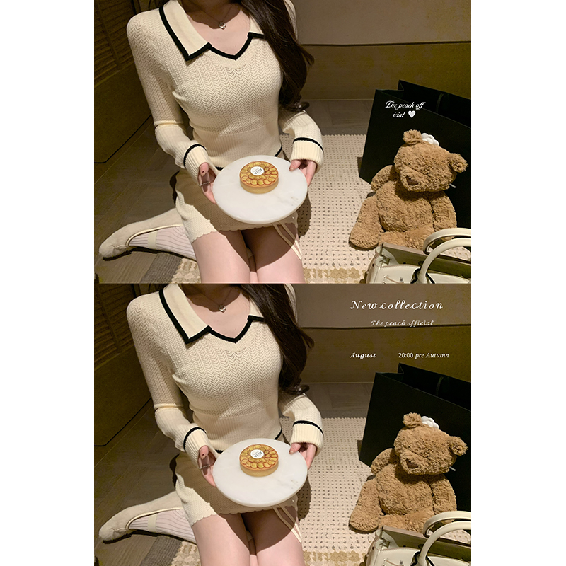 小香翻领短款针织上衣蝴蝶结半裙