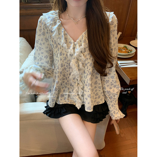 thepeachofficial【麦瑟尔千金】法式碎花灯笼袖纯棉雪纺小衫衬衫