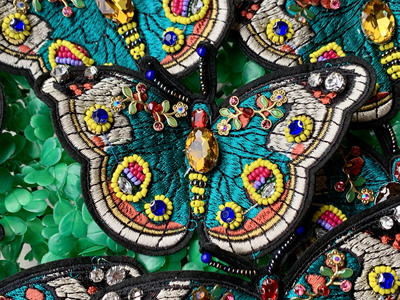 重工补贴布贴超大补丁卡通精致刺绣绿色蛾蝴蝶DIY破洞贴布标贴