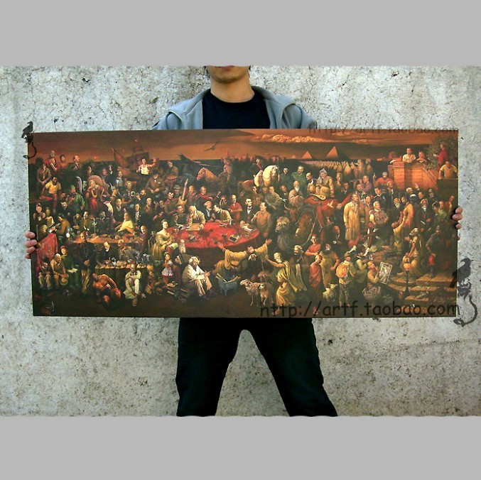包邮 麻布百位名人高清印刷画《与但丁讨论神曲》客厅墙壁有框画