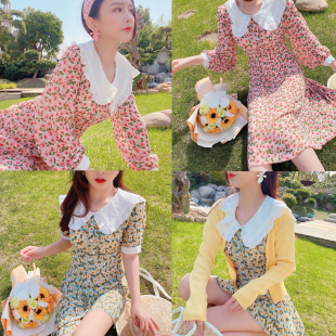 小碎花连衣裙高腰显瘦长裙2020新品 复古甜美清新娃娃领裙子仙 法式