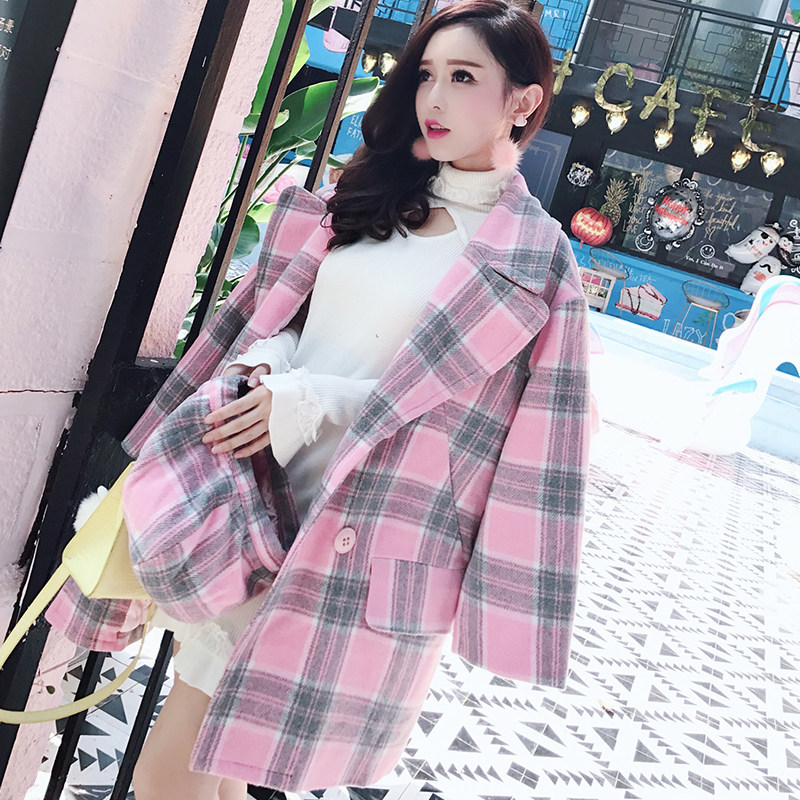小个子2018新款冬季格子学生时尚长袖英伦加厚中长款毛呢外套女