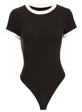 成人大码白色拼色短袖T恤修身显瘦连体舞蹈服纯棉大码三角连体衣