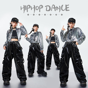儿童爵士舞服装 街舞演出服潮酷模特走秀 女童露脐JAZZ灰色皮衣套装