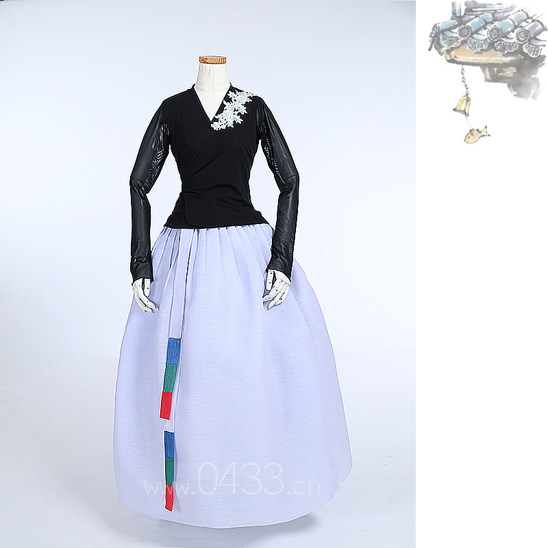 朝鲜族舞蹈练习腰裙练功服黑色网纱上衣紫微纱18号裙子U24283