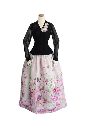 朝鲜族舞蹈练习腰裙练功服仿真丝黑色上衣花王面料3层6开裙U23062