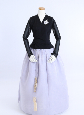 朝鲜族舞蹈练习腰裙练功服黑色网纱上衣明玉纱2层6开裙U24033