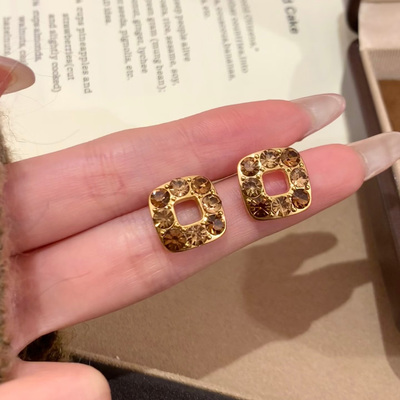 美拉德焦糖方块耳钉女锆石耳饰