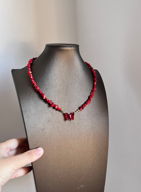 红色碎石串珠项链水晶蝴蝶锁骨链