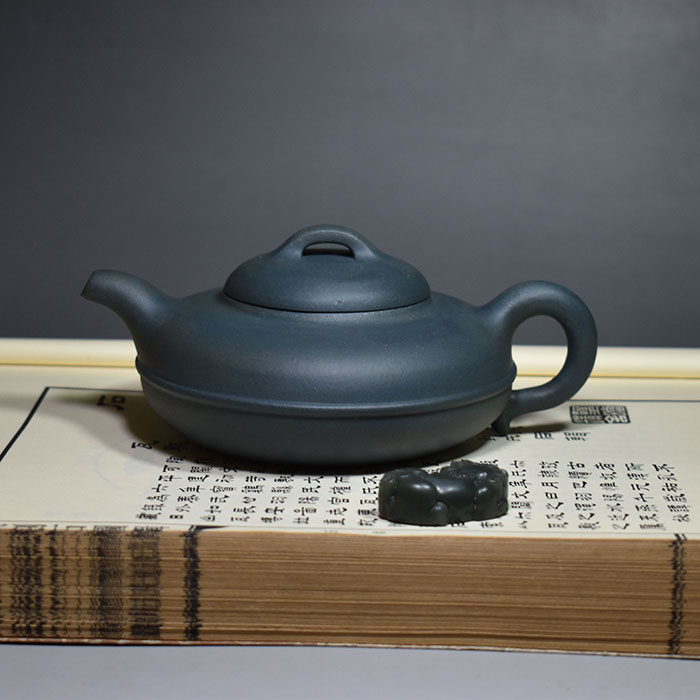 老缶出品 陈年墨绿泥宜兴全手工紫砂壶茶具线圆250CC金鳝装饰