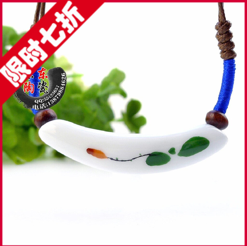 时尚陶瓷首饰品 青花手绘挂饰项链吊坠毛衣链子 长笛链925纯银