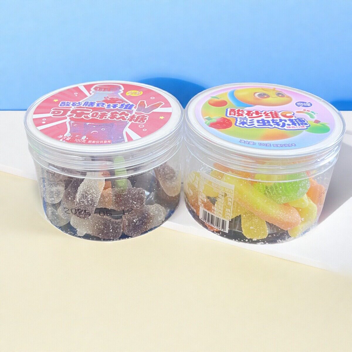 奇峰酸沙膳食纤维可乐味软糖100g维C彩虫软糖怀旧果味毛毛虫糖果