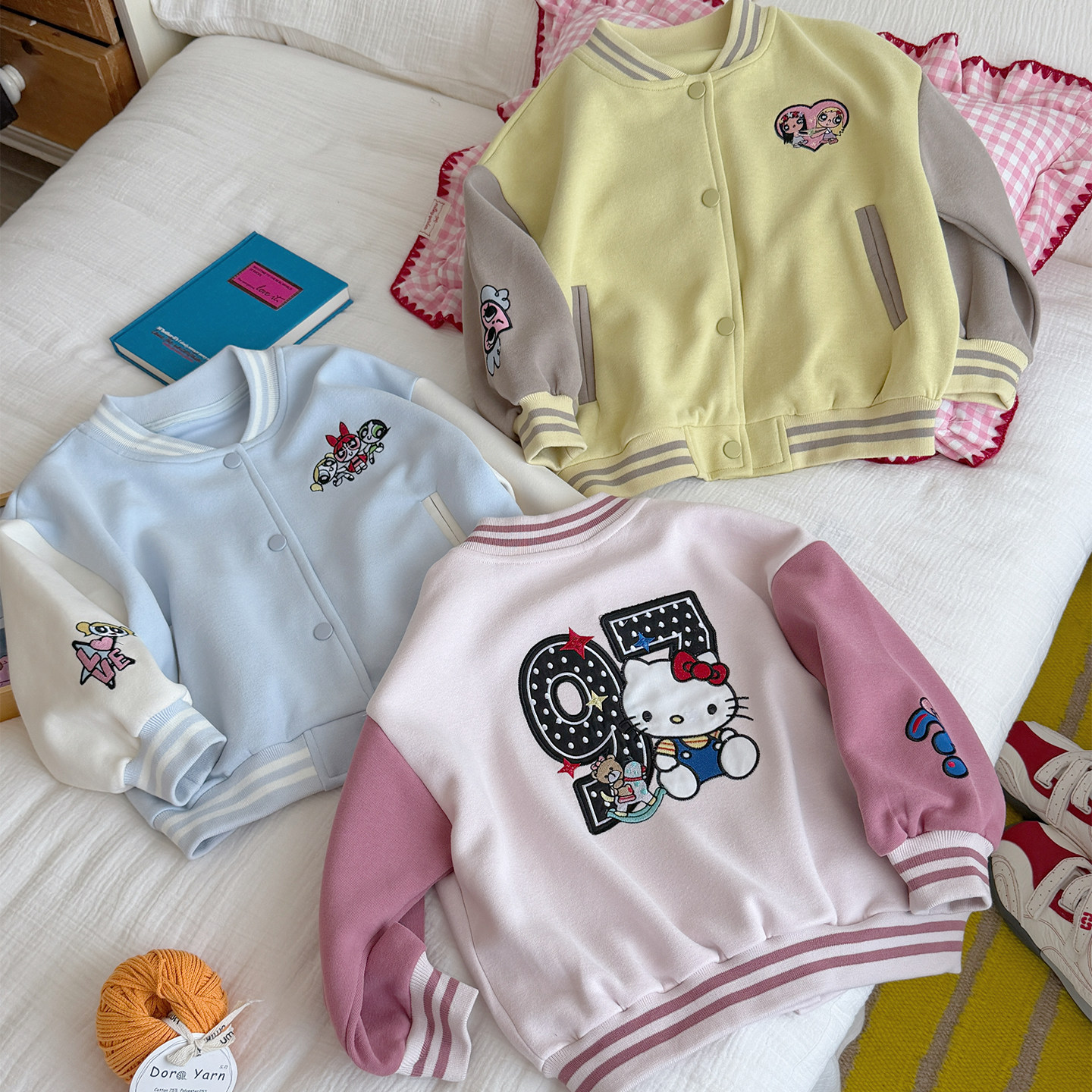 女童棒球服外套春秋拼色卡通纯棉图片