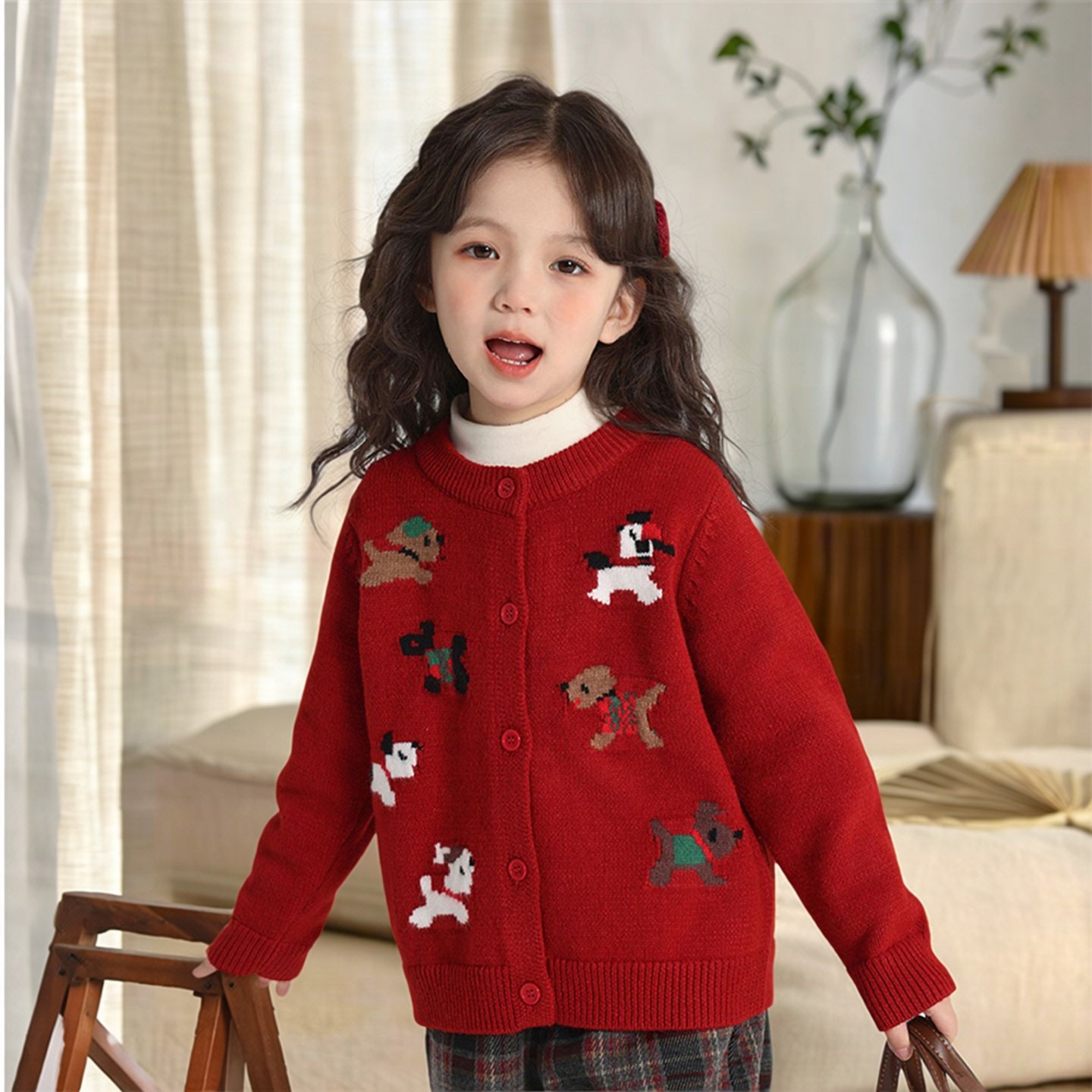 童装冬装女童针织开衫2026新款儿童加厚毛衣外套红色洋气新年衣服