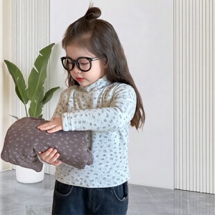 女童打底衫内搭夹棉加厚冬季半高领宝宝保暖内衣森系碎花儿童冬装