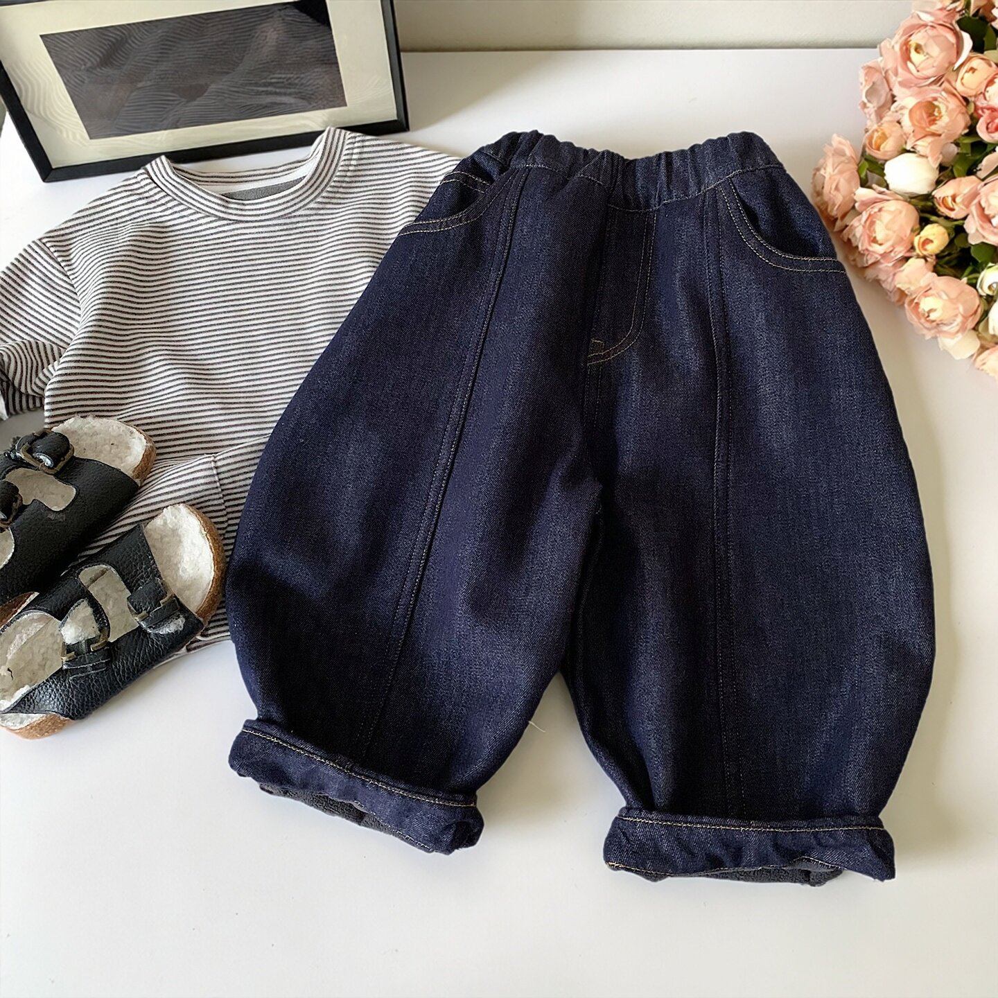 男童加绒牛仔裤一体绒2025冬季新款韩版宽松宝宝儿童加厚保暖裤子