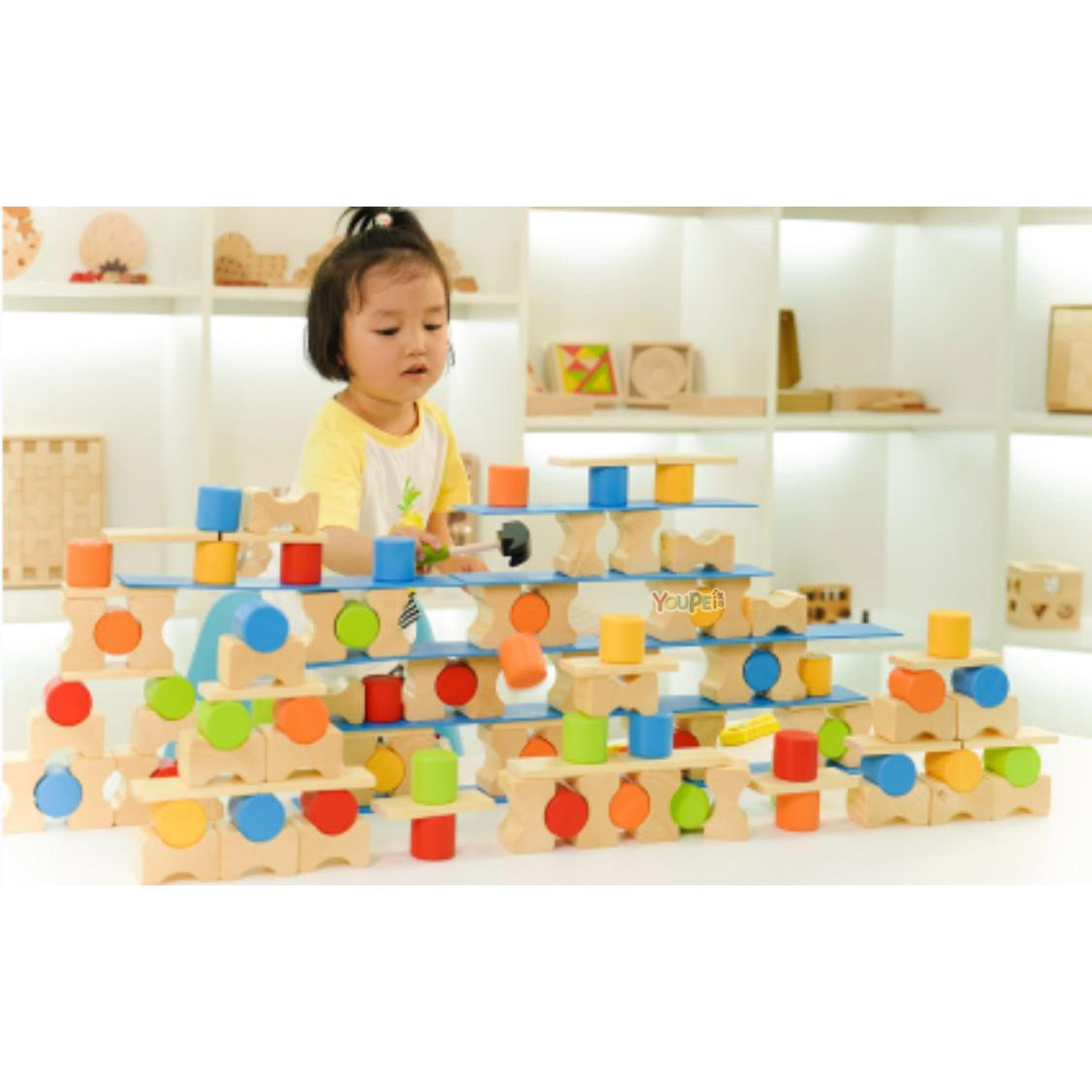 五彩叠叠乐134件幼儿早教园儿童 低结构超大堆叠松木积木平衡积木
