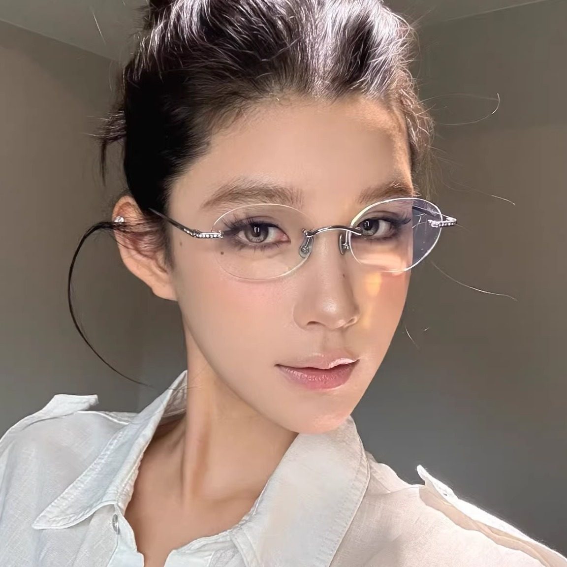 复古椭圆形猫眼镶钻无边框金属银色眼镜防蓝光可配度数近视平光镜