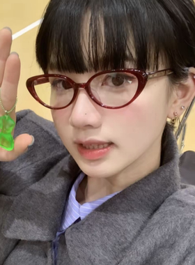日系复古红色猫眼眼镜学生方圆脸