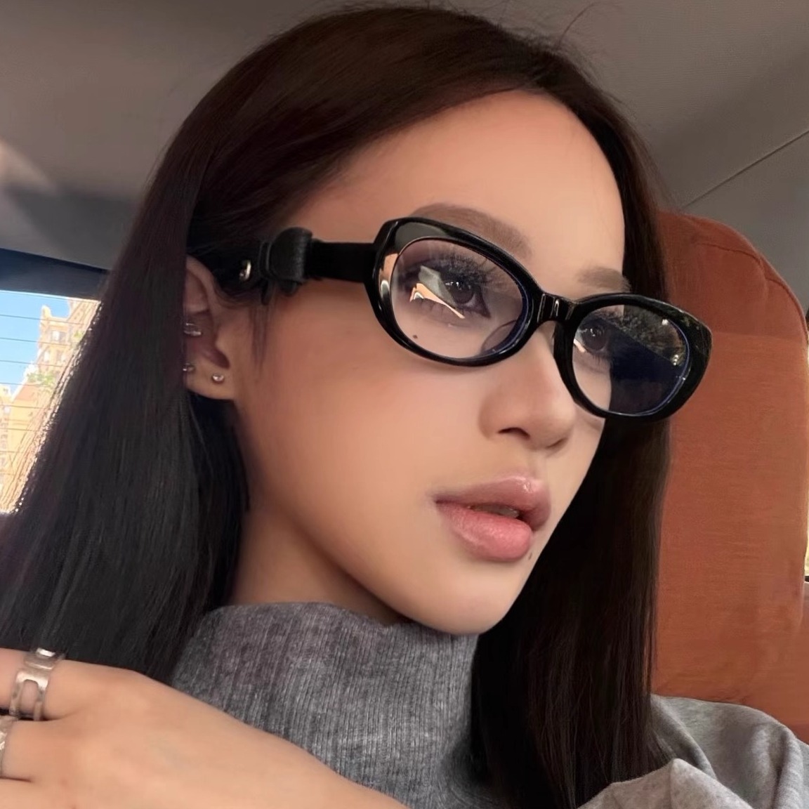 韩版复古椭圆猫眼蝴蝶结装饰黑框