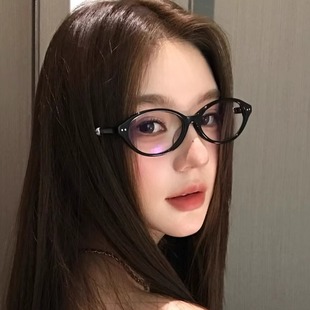 韩版复古椭圆形黑框素颜猫眼珍珠镶嵌书呆子眼镜防蓝光平光镜女潮