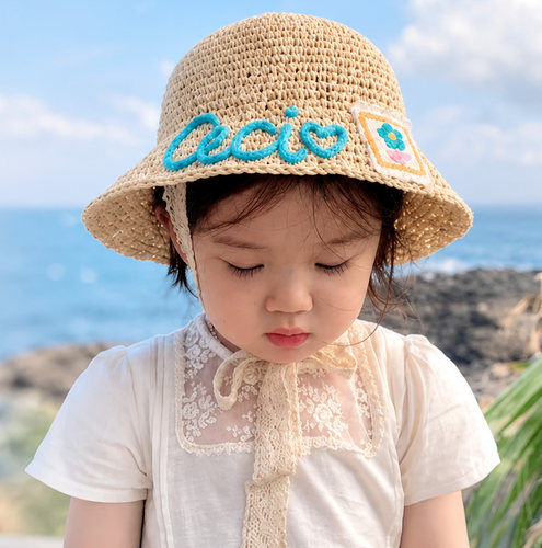 夏季可爱儿童草编蕾丝软帽