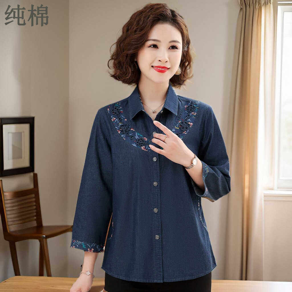 中老年女士夏装七分袖衬衫妈妈纯棉牛仔上衣薄款奶奶大码全棉衬衣