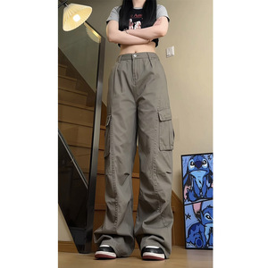 秋季美式多口袋工装裤女直筒褶皱折叠设计休闲阔腿裤 KZ42 特P58图片