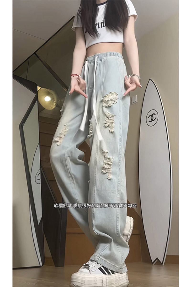 美式高街破洞牛仔裤女生潮流宽松直筒阔腿裤休闲长裤KZ30P45,女装牛仔裤,电商B203