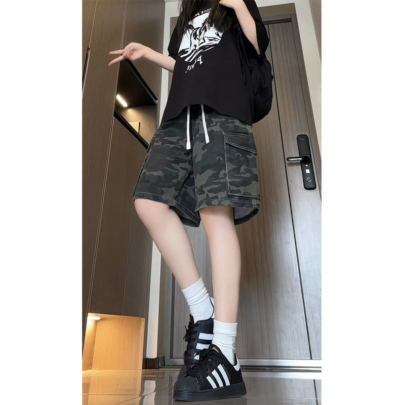 夏季新款美式高街迷彩工装休闲短裤女潮流直筒百搭五分裤2530特45图片