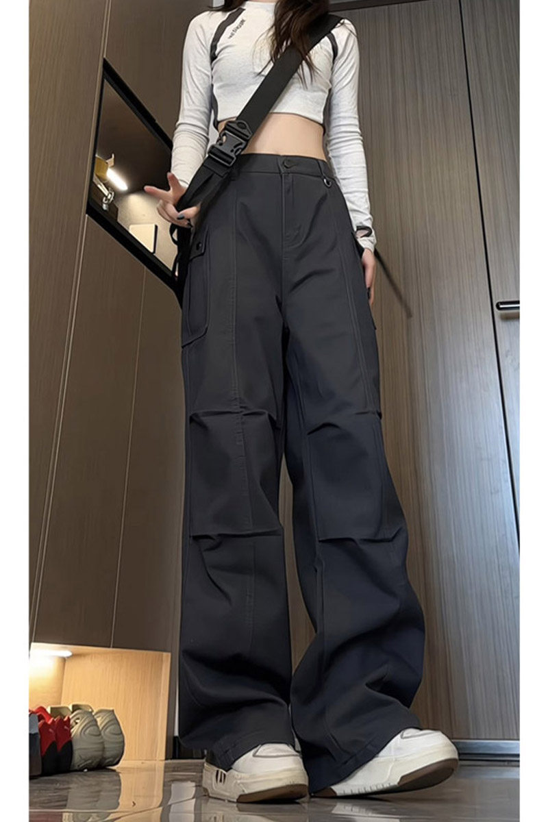 秋季新款美式高街褶皱工装休闲裤女潮流宽松直筒阔腿裤KZ016P50,女装休闲裤,电商B203