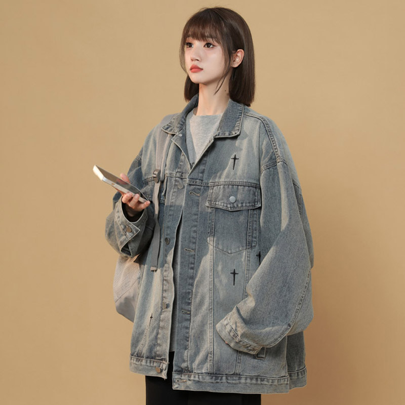 2025秋季新款美式高街牛仔夹克女外套潮流刺绣宽松上衣JK35P95,男装工装外套,电商B203