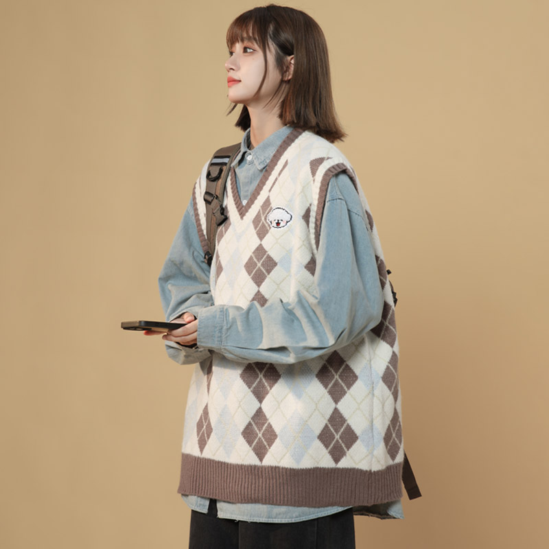 秋冬季新款学院风v领菱形针织马甲背心女坎肩叠穿毛衣A04P65，男装背心/马甲，电商B203